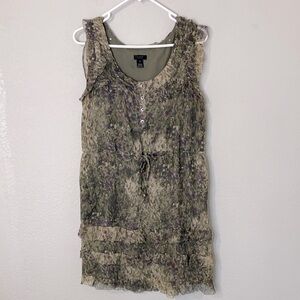 J Crew Olive Purple Print Silk Sleeveless ruffled dress 10
